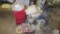 Plastic storage cabinet, pie plate, plastic serving dishes, small ironing board, etc