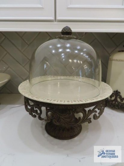Gracious Goods ceramic and glass cake saver with metal base. Plate has been repaired.