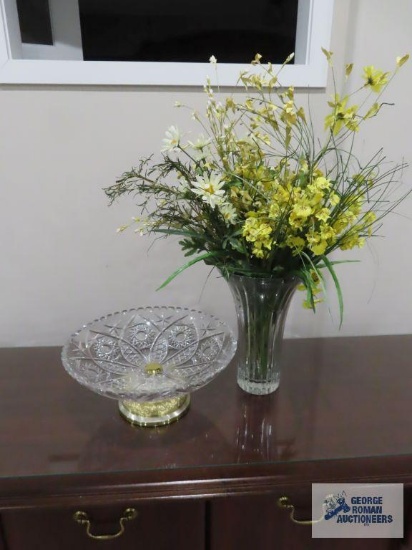 Argento glass dish, 14-1/4" wide by 6" tall, Made in Italy. Glass vase, 12" tall with flower