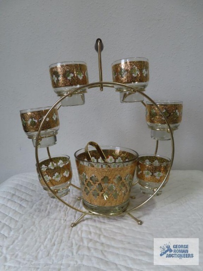 Vintage tumbler and ice bucket set with gold trimmed glasses
