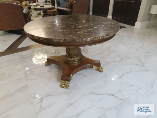 Marble top pedestal table made by Drexel. 50" across. Marble top is 1-3/4" thick