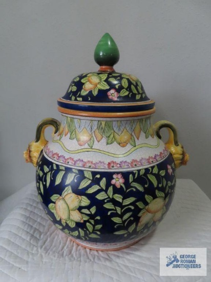 Ceramic tureen with lionhead handles. 20" tall