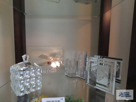 Decorative glass trinket box, glass candle holders and picture frame