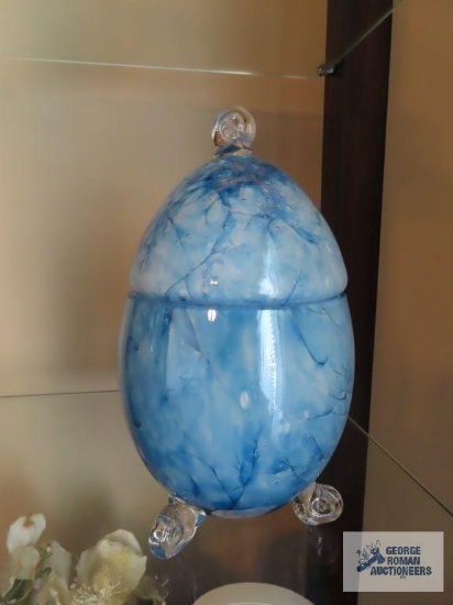 Handmade glass footed covered egg candy dish, made in Poland