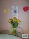 Home wall plaque, floral decorations, and floral vase
