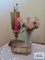 Glass and metal trinket box, glass vase, and candle holder