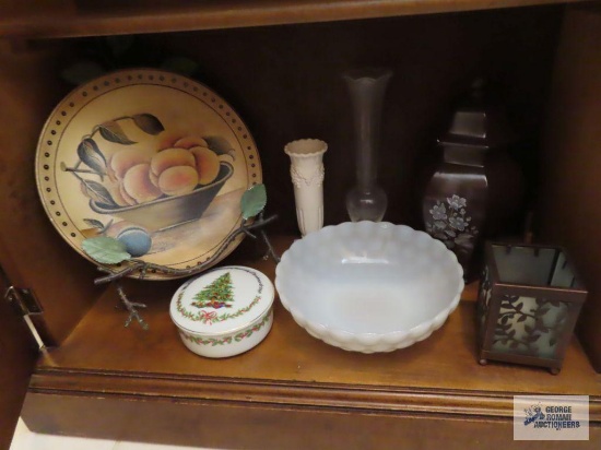 Milk glass bowl, Christmas covered container, decorative plate, candle holder, vases, etc