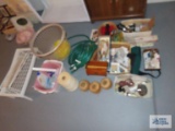 Variety of hardware, hair clippers, flashlights, miniature cedar chest, twine, etc