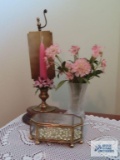 Glass and metal trinket box, glass vase, and candle holder