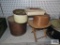 Antique tin, wooden boxes, and small folding stand