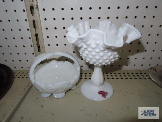 Fenton milk glass hobnail compote and Westmoreland basket