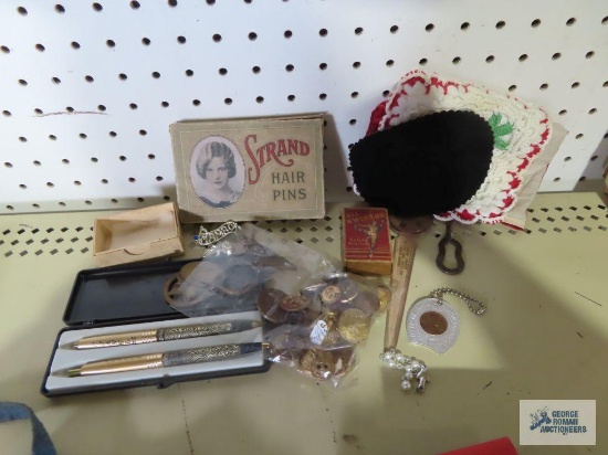 Chanel number five pen set, hair pins box, buttons, etc