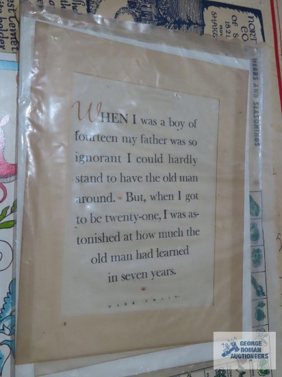 Variety of vintage placemats, garage sale sign, etc