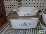 Corning Ware Cornflower baking rack with holder and drip pan, casseroles and three lids
