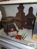 Wooden corner shelves, Pilgrim door stop, woven wastebasket, children's miniature gardening tools,