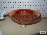 Orange carnival glass, grape leaf motif compote