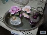 Dresser tray with perfume bottles and ceramic flowers, marked Napoleon Italy