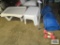 Lap tray table, plastic step stool, yoga mat, and barbells