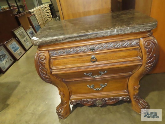 Collezione Europa ornate fruitwood marble like top claw foot nightstand with marble like insert on