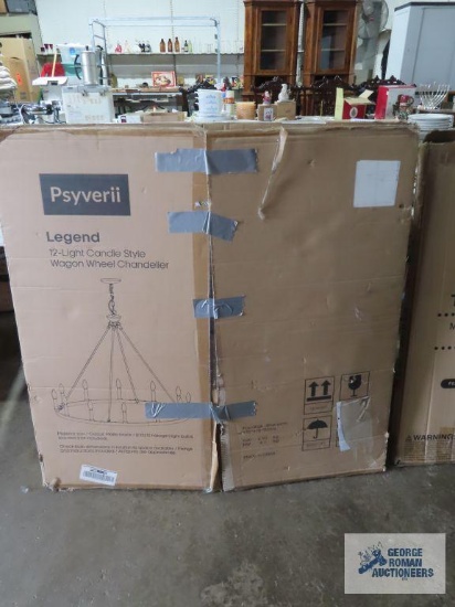 Psyverii 12 light candle style Wagon Wheel Chandelier in box. 3 ft wide. No shipping!