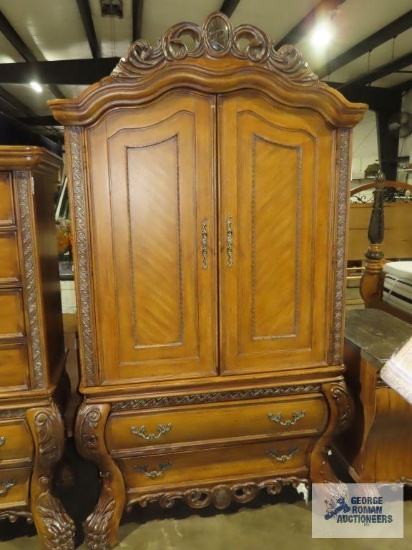 Collezione Europa ornate fruitwood claw foot entertainment center with marble like inserts