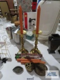 Brass candlesticks, brass trinket boxes and candles