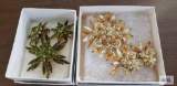 Green stone floral pin and clip-on earrings set and yellow colored stone floral pin and earrings