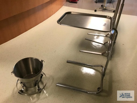 STAINLESS STEEL BUCKET ON WHEELS AND TRAY TABLE