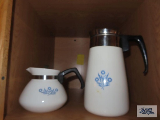 Corning Ware Cornflower Blue percolator and tea kettle