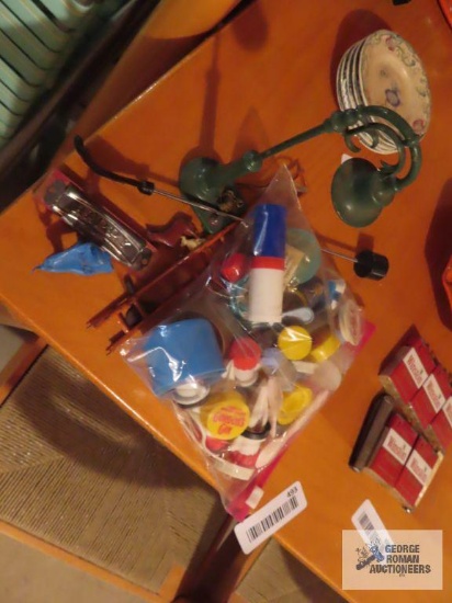 Happy toy harmonica, Lionel HO street lamp, miniature plastic toys, and bar items