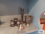 Silverplate bell, Mexico 925 vase, metal candle holders, and silverplate toothpick holder with lion
