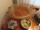Metal trinket box, ashtray, and metal basket. Trinket box needs repaired.