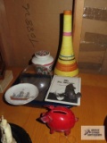 Piggy bank, my pet manatee, Pilgrim Father's Mayflower 1620 plate, vase, cover jar, etc