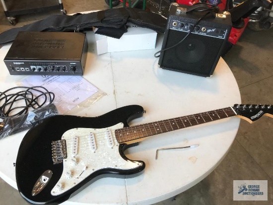 STARCASTER BY FENDER ELECTRIC GUITAR. P.A. AMP AND SPEAKER.