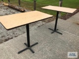 (2) RECTANGLE BAR TABLE TOPS WITH BASES. (2) ROUND TABLE TOPS (NO BASE).