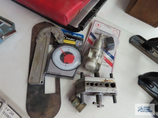 Air pressure regulator, magnetic angle finder, drill bit holder, etc.