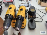Two DeWalt 18 volt drills with six batteries and two chargers