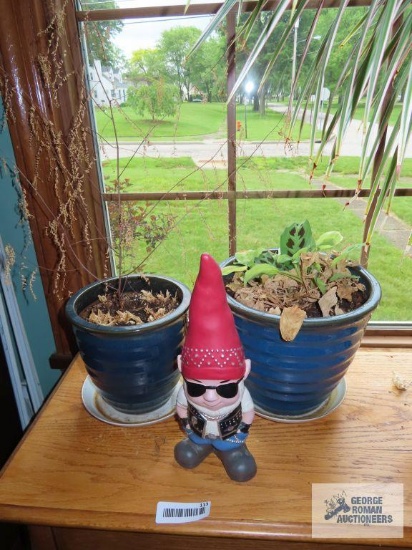 Two live plants in matching planters and biker gnome
