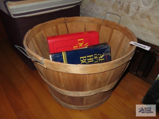 Variety of books, dictionaries and fruit basket