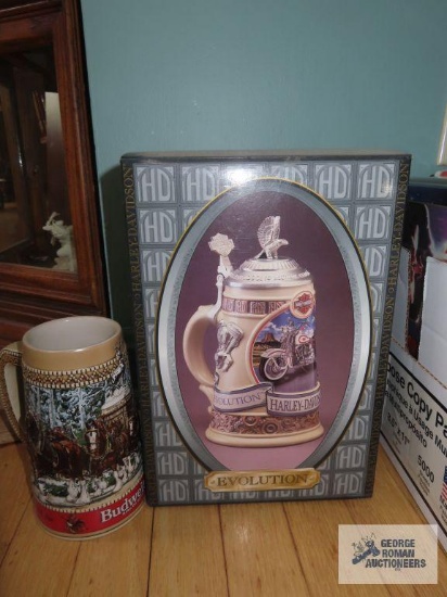 Harley Davidson and Budweiser steins