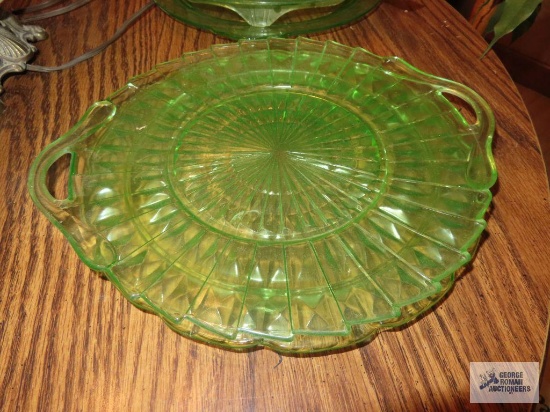 Green depression glass cake plate and serving plate