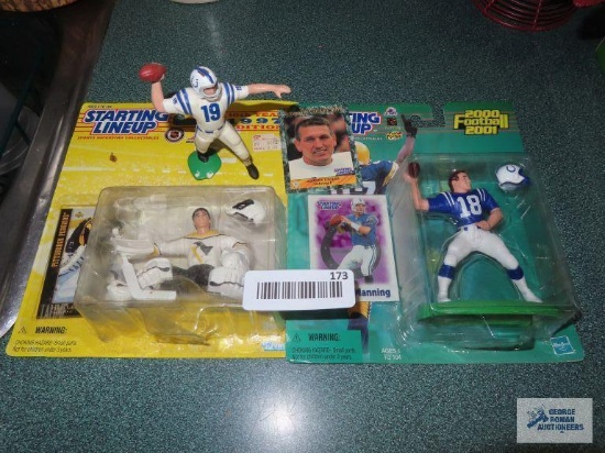 Starting Lineup Peyton Manning figurine with card, Johnny Unitis football card and figurine, and