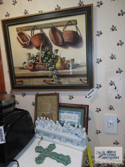 Fruit print, the kitchen prayer, and rejoice prints. The last supper ceramic figurine and cross.