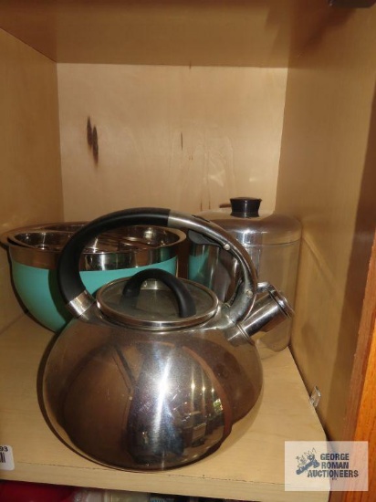 Brandanti stainless steel teapot, stainless steel mixing bowls, and sugar canister.