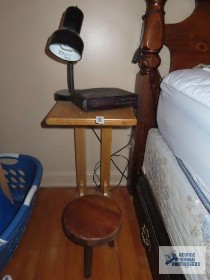 Maple stand, children's footstool, Magnavox clock radio and lamp