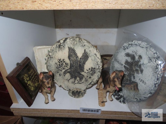 Mount St Helens and eagle wall plaques, dog figurines, etc.