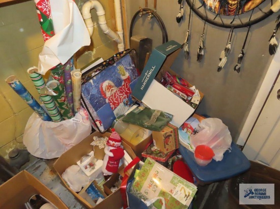 Large amount of wrapping paper, gift boxes, bags, and figurines