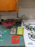 Metal paper towel holder, banana holder, cake plate, wine markers, tablecloth weights, corn holders