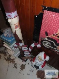 Ceramic Santa Claus, Merry Christmas wooden sign, and Santa Claus pole