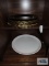 Gold plastic chargers and plastic serving tray